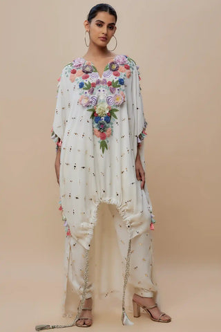 Off-white embroidered high low kaftan and jogger pant