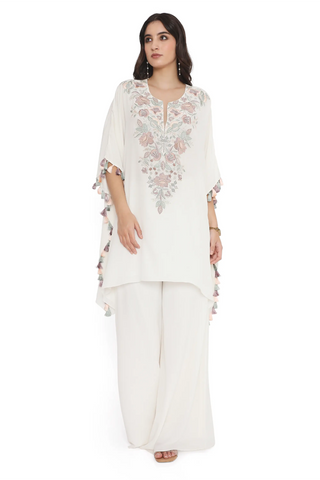 Ivory embroidered crepe kaftan and palazzo