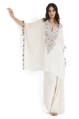 Ivory embroidered crepe kaftan and palazzo