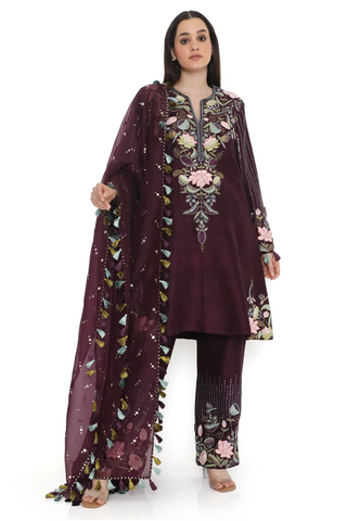 Purple embroidered kurta with pant and a dupatta