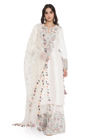 Ivory embroidered kurta with palazzo and dupatta