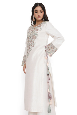 Ivory embroidered kurta with palazzo and dupatta