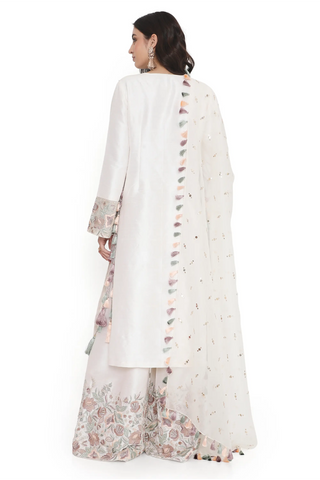 Ivory embroidered kurta with palazzo and dupatta