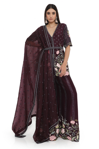 Purple embroidered kurta with palazzo, belt and a dupatta