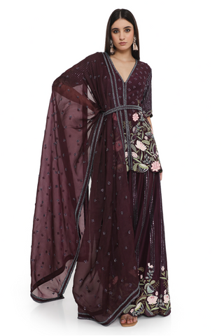 Purple embroidered kurta with palazzo, belt and a dupatta