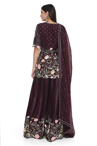 Purple embroidered kurta with palazzo, belt and a dupatta