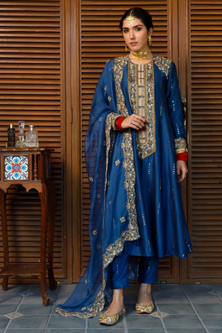 Navy embroidered yoke kurta and pant with dupatta