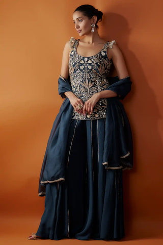 Navy embroidered kurta and sharara set