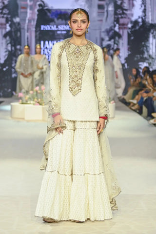 Off white embroidered kurta with frilled sharara and dupatta