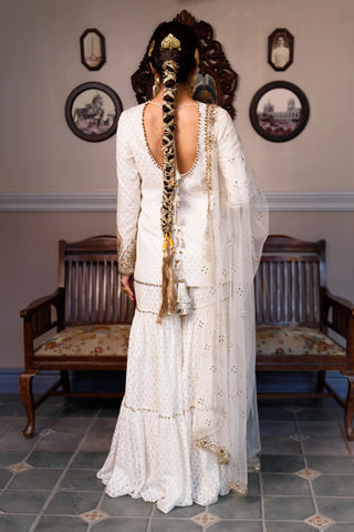 Off white embroidered kurta with frilled sharara and dupatta