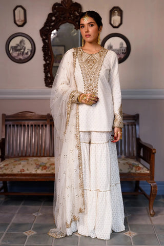 Off white embroidered kurta with frilled sharara and dupatta