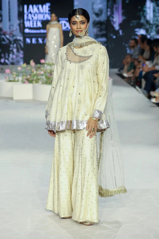 Beige mukaish embroidered kurta and sharara with net dupatta