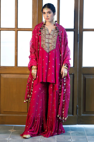 Pink embroidered kaftan and frill sharara with dupatta