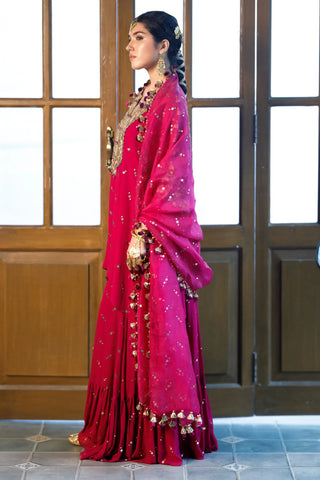 Pink embroidered kaftan and frill sharara with dupatta