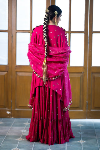 Pink embroidered kaftan and frill sharara with dupatta