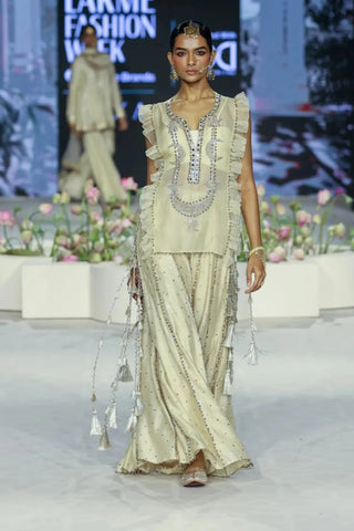 Beige stone embroidered long bib yoke with bustier and sharara