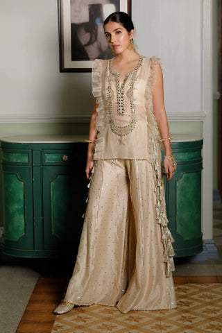 Beige stone embroidered long bib yoke with bustier and sharara