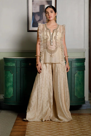 Beige stone embroidered long bib yoke with bustier and sharara