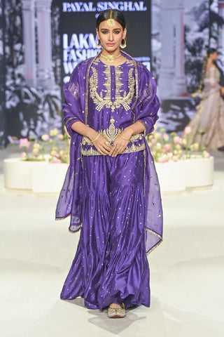 Purple embroidered kurta and frill sharara with dupatta