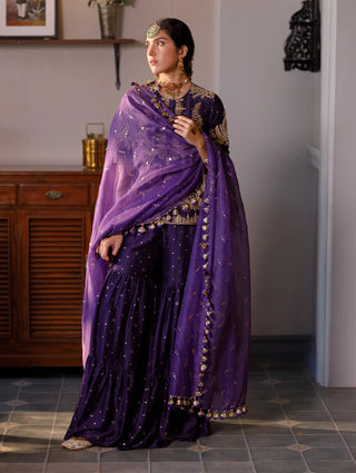 Purple embroidered kurta and frill sharara with dupatta