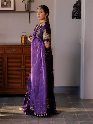 Purple embroidered kurta and frill sharara with dupatta