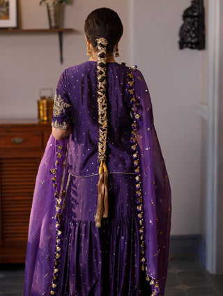 Purple embroidered kurta and frill sharara with dupatta