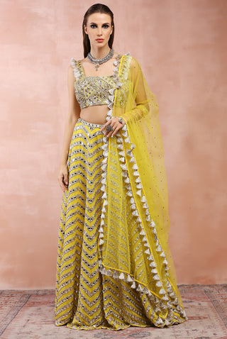 Yellow mirror embroidered lehenga set