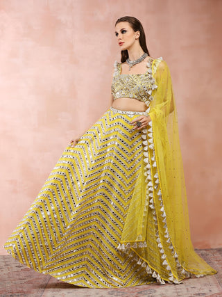 Yellow mirror embroidered lehenga set