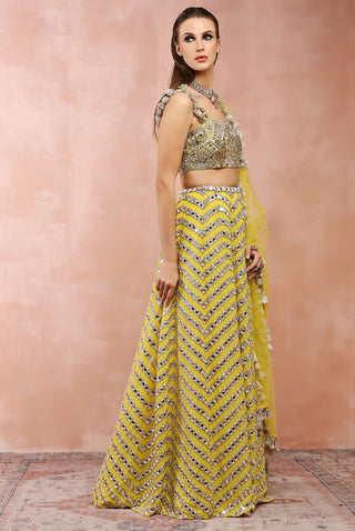 Yellow mirror embroidered lehenga set