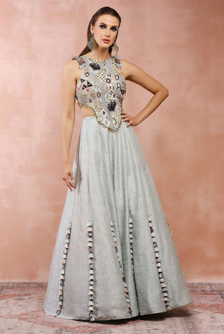 Powder blue applique choli with lehenga