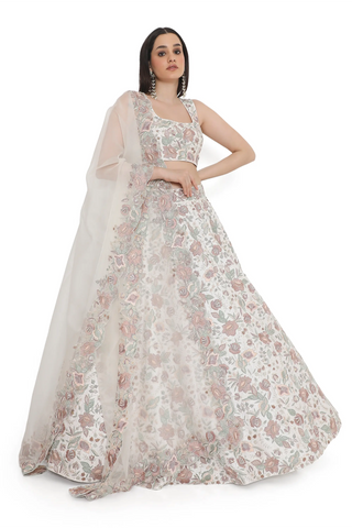 Ivory embroidered lehenga with choli and dupatta