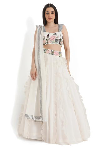 Ivory embroidered choli with ruffle lehenga and a dupatta