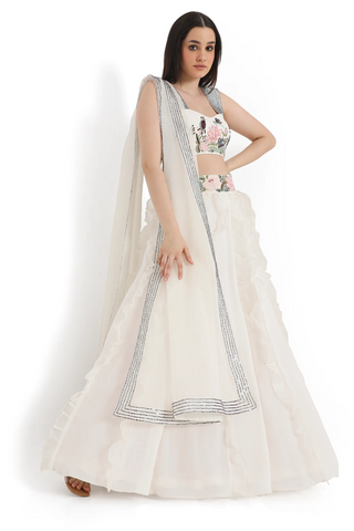 Ivory embroidered choli with ruffle lehenga and a dupatta