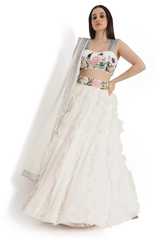 Ivory embroidered choli with ruffle lehenga and a dupatta