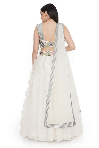 Ivory embroidered choli with ruffle lehenga and a dupatta