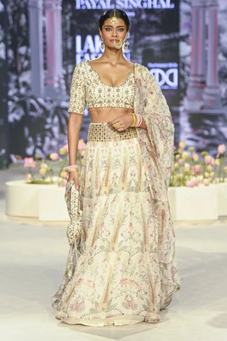 Beige embroidered choli with printed lehenga and dupatta