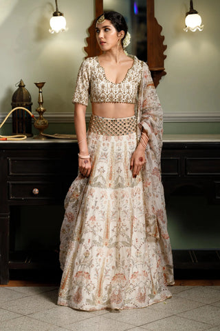 Beige embroidered choli with printed lehenga and dupatta