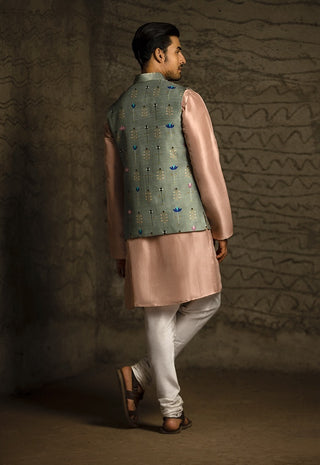 Mint printed bandi and pink kurta set