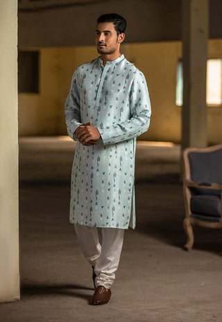 Ice blue printed silk kurta and churidar