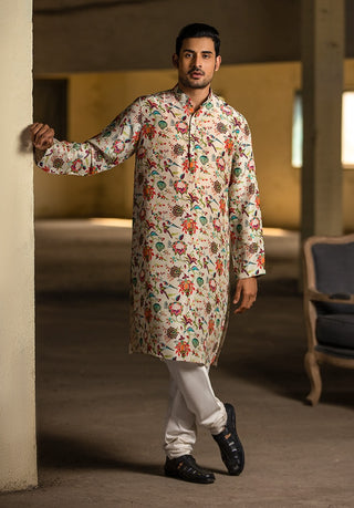 Khaki chidiya print kurta and churidar