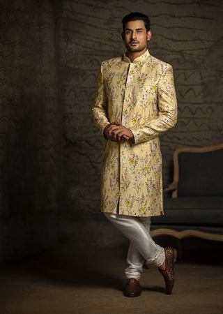 Yellow printed sherwani and churidar