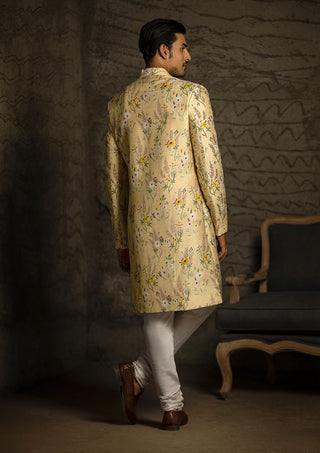 Yellow printed sherwani and churidar