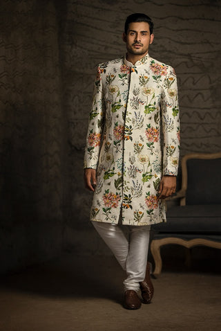 Ivory printed sherwani and churidar