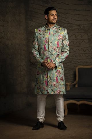 Aqua-printed sherwani and churidar