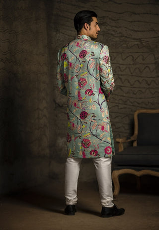 Aqua-printed sherwani and churidar