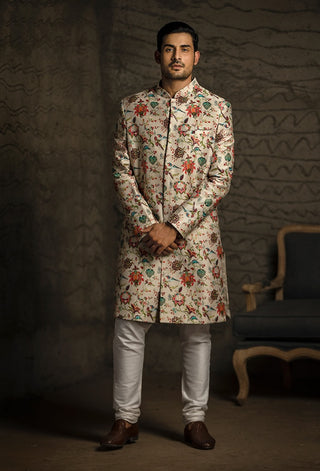 Khaki printed sherwani and churidar