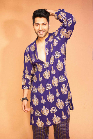 Purple embroidered stripe kurta and jogger pants