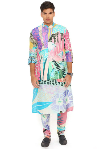 Aqua tropical print bandi and kurta set