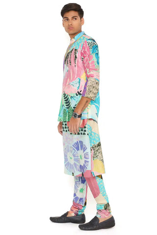 Aqua tropical print bandi and kurta set