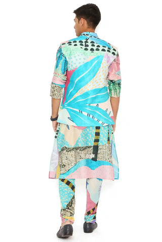 Aqua tropical print bandi and kurta set